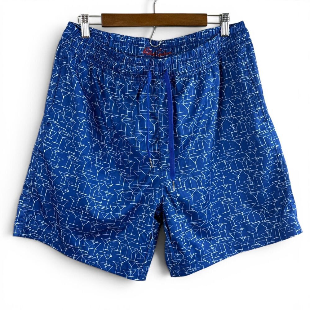 Robert Graham Swim Trunks Mens XL Blue White Martini Print Mesh Lined Drawstring